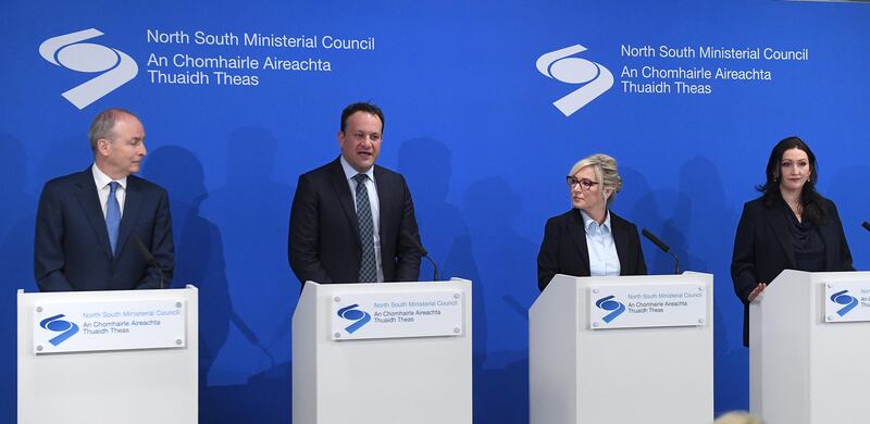 L-R: Tánaiste Micheál Martin, former Taoiseach Leo Varadkar, First Minister Michelle O'Neill and Deputy First Minister Emma Little-Pengelly during a press conference after a meeting of the North South Ministerial Council (NSMC) at the NSMC headquarters in Armagh last month.