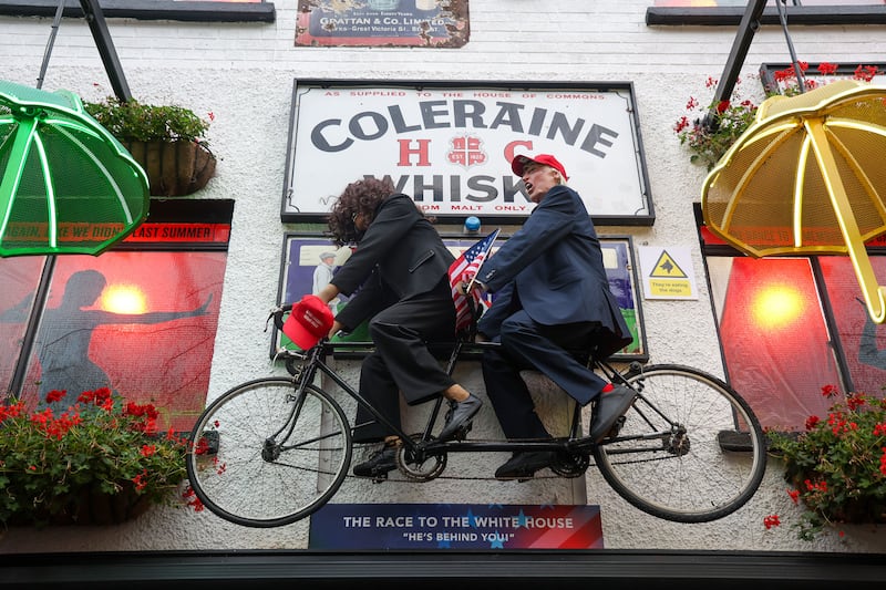 The race to the White House, Trump amnd Harris manaquins at the Duke of York bar in Belfast. PICTURE: MAL MCCANN