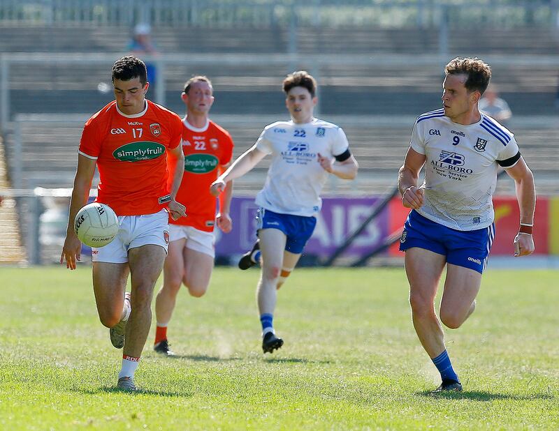 Armagh's Conor O'Neill and Monaghan's Niall Kearns in action during the 2021 Ulster semi-final in Newry. Pic Philip Walsh