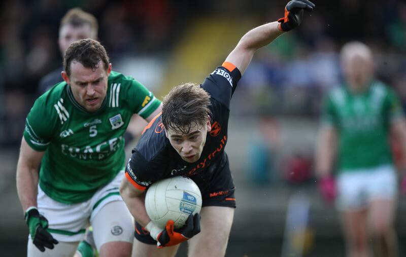 Allianz Football League Division 2, Brewster Park, Enniskillen, Co. Fermanagh 3/3/2024
Fermanagh vs Armagh
Armagh's Andy Murnin comes under presure from Fermanagh's Declan McCusker during last month's Division Two clash in Enniskillen. Picture by INPHO