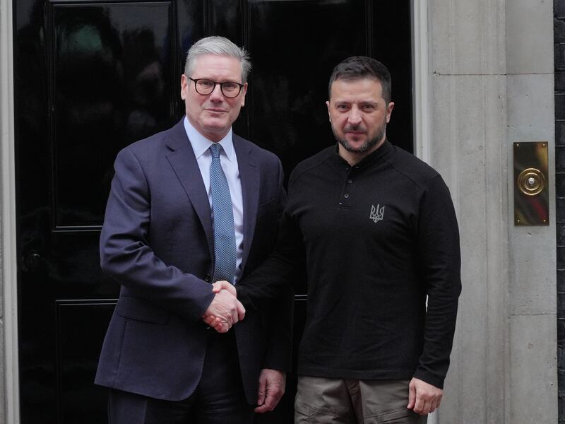 Ukrainian President Volodymyr Zelensky is greeted by Prime Minister Sir Keir Starmer as he arrives in Downing Street, London,