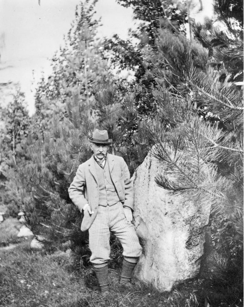 Thomas Hardy and the Druid Stone discovered during the construction of Max Gate