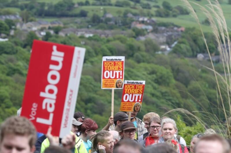 Supporters gather ahead of a stump speech by Labour leader Jeremy Corbyn