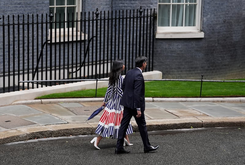 Rishi Sunak and Akshata Murty leave Downing Street following the Conservatives’ election defeat