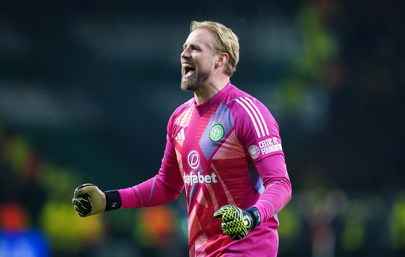 Celtic goalkeeper Kasper Schmeichel celebrates after the victory