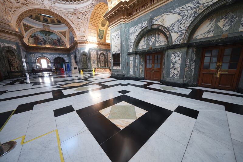 A view of the Grand Hall, decked with Italian marble, which underwent floor cleaning in the summer