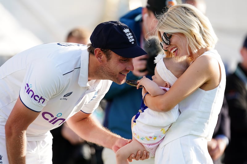 Retiring England player Stuart Broad and partner Mollie King with their daughter Annabella after the fifth LV= Insurance Ashes Series test match at The Kia Oval