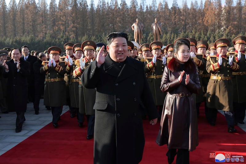 Kim Jong Un and his daughter visit the defence ministry for events to celebrate the 76th founding anniversary of the country’s army in North Korea in early 2024 (KCNA/AP)