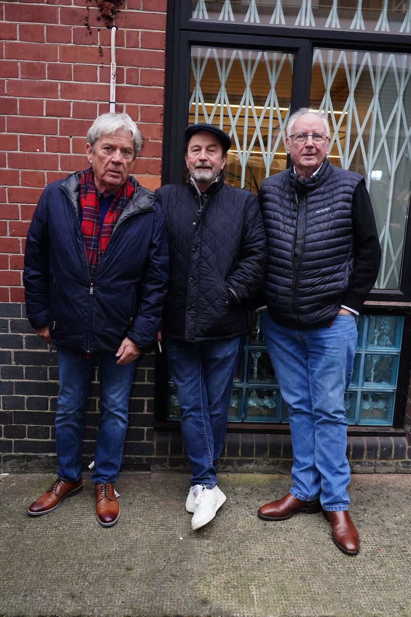 Mike Stock, Matt Aitken and Pete Waterman during the unveiling of a Historic England blue plaque in their honour at Vine Yard Studios in London