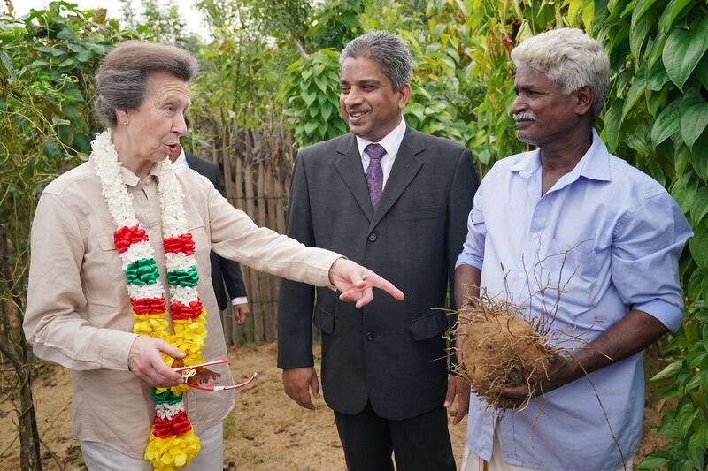 The Princess Royal is shown a purple yam as she visits a resettlement village at the Halo Trust site in Muhamalai