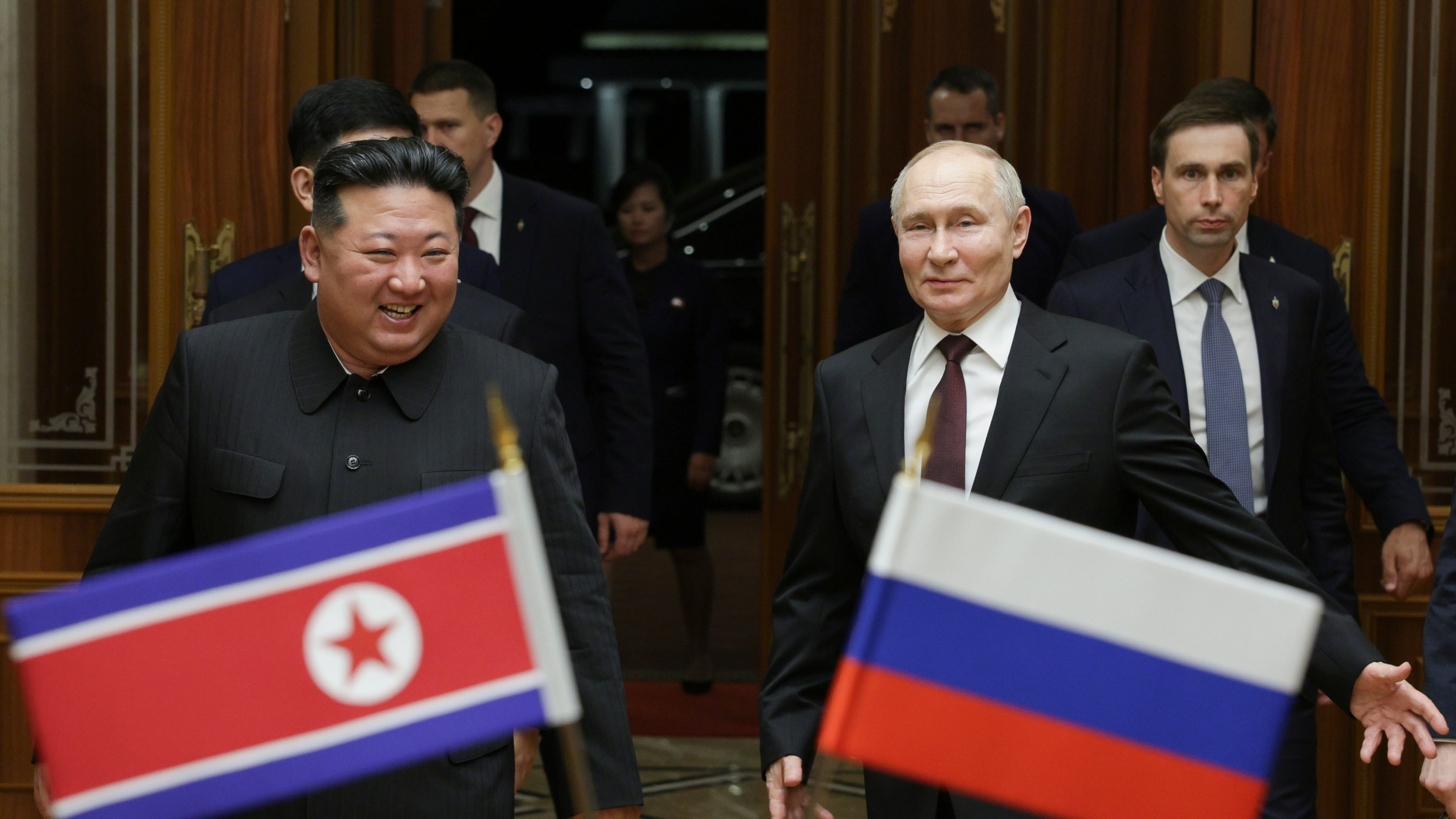 Russian President Vladimir Putin, right, and North Korea’s leader Kim Jong Un (Gavriil Grigorov/Sputnik/Kremlin Pool Photo/AP)