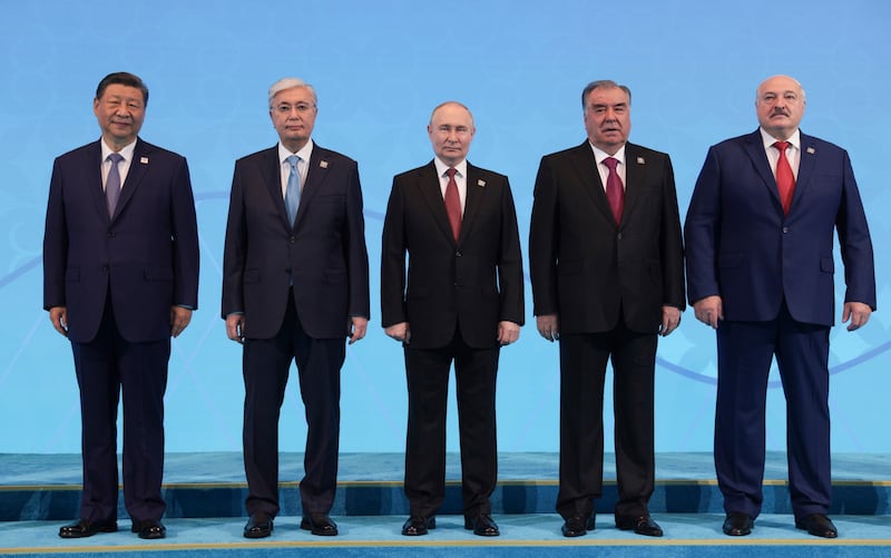 The leaders of Kazakhstan, Tajikstan and Belarus joined the Chinese and Russian Presidents (Sputnik, Kremlin Pool Photo via AP)