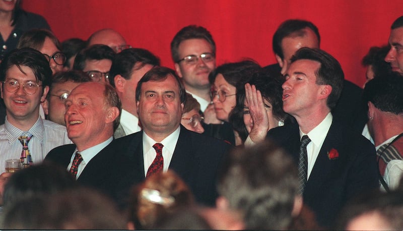 Peter Mandelson, right, with John Prescott, centre, and Neil Kinnock at London’s Festival Hall after Labour’s election victory in 1997