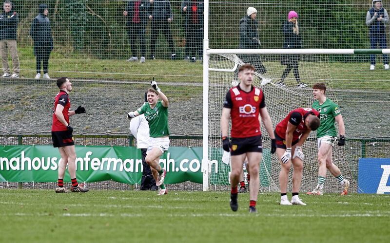 Fermanagh&#39;s Josh Largo Ellis and Darragh McGurn celebrate Sean Quigley&#39;s winning goal for Fermanagh in a thriller against Down at St Joseph&#39;s Park, Ederney. Pic Philip Walsh 