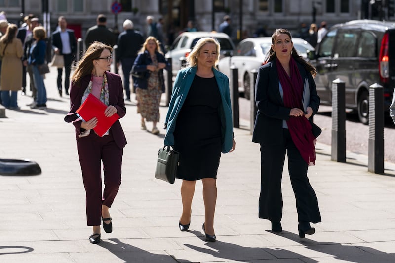 Northern Ireland’s Finance Minister Caoimhe Archibald (left), First Minister Michelle O’Neill (centre) and deputy First Minister Emma Little Pengelly arrive for a meeting with Chancellor Rachel Reeves in London