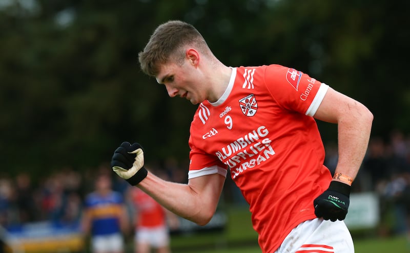 Clann Eireann’s Conor McConville  scores a goal during Saturday’s  Championship game in Maghery.
PICTURE COLM LENAGHAN