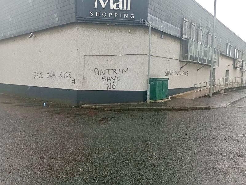 Graffiti sprayed on the walls of Antrim's Castle Mall shopping centre in recent days.