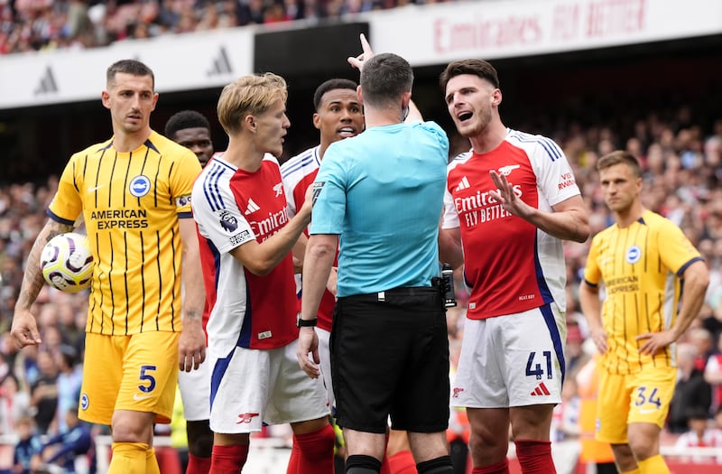 Declan Rice (second right) is sent off against Brighton