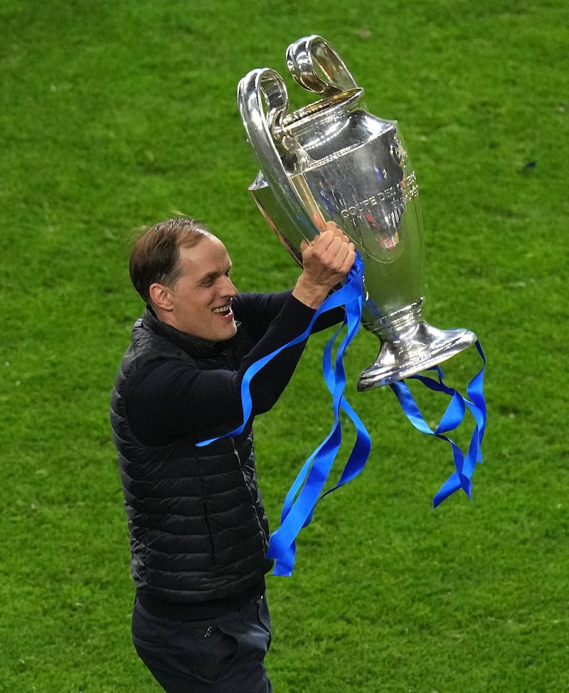 Thomas Tuchel lifts the Champions League trophy as Chelsea boss