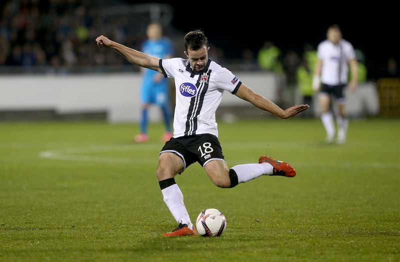 Robbie Benson scoring for Dundalk in the UEFA Europa League at Tallaght Stadium, Dublin.