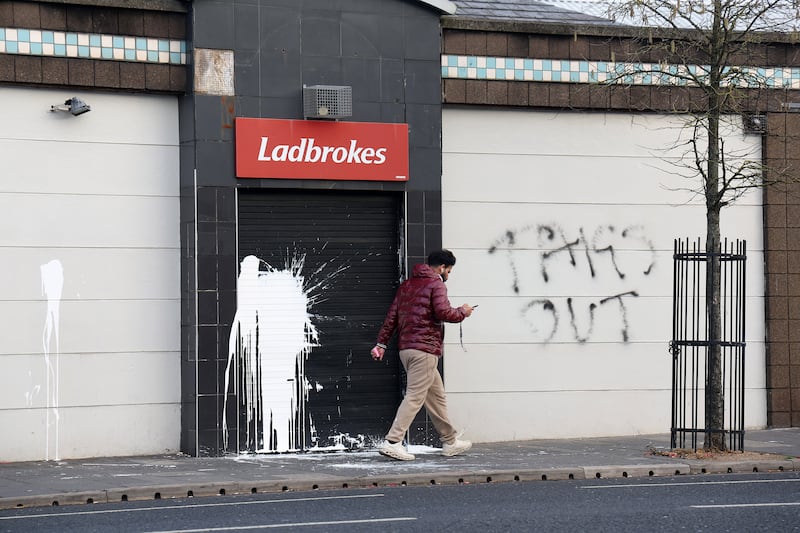 Ladbrokes Bookies on the Donegall Road attacked with paint and daubed with Taigs out. PICTURE: MAL MCCANN