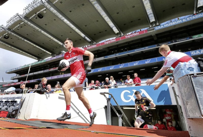 Derry captain Chrissy McKaigue leads out the team before taking on Clare during the All Ireland quarter-final match at Croke Park on Saturday, June 25 2022.<br />Picture: Margaret McLaughlin.