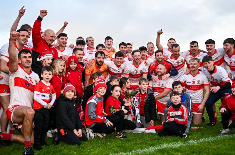 The Coolera Strandhill team celebrate after the AIB Connacht GAA Senior Club Football Championship final match between Coolera-Strandhill and Pádraig Pearses at Markievicz Park GAA Stadium in Sligo. Photo by Tyler Miller/Sportsfile