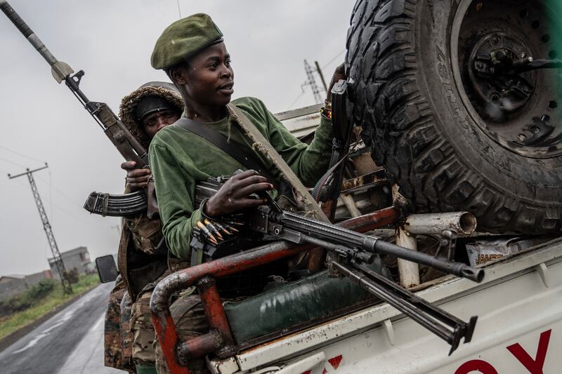 Government troops deploy outside Goma in the Democratic Republic of the Congo as M23 rebels close in (Moses Sawasawa/AP)