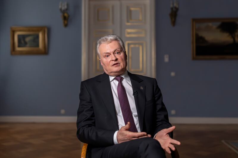 Lithuanian President Gitanas Nauseda speaks during an interview with The Associated Press at the President’s palace in Vilnius, Lithuania (Mindaugas Kulbis/AP)