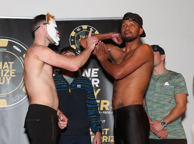 Padraig McCrory and Leonard Carrillo  weigh in ahead of their fight on Friday in Belfast.
PICTURE COLM LENAGHAN