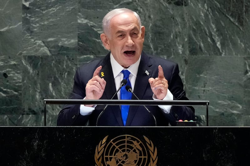 Benjamin Netanyahu addressing the United Nations General Assembly on Friday (Richard Drew/AP)