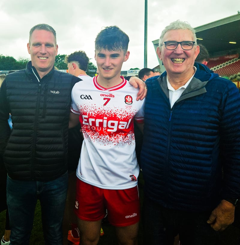 Generation game. Dara McGuckin (centre) with dad Adrian junior (left) and Adrian senior on the right. All three won Ulster minor titles with Derry