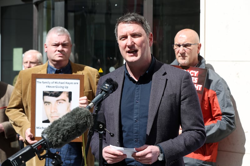 John Finucane whose father Pat Finucane, Belfast solicitor killed by loyalist paramilitaries in 1989. Families and relatives protest out Erskine House in Belfast against the introduction of the Legacy Act which came into force today. PICTURE: MAL MCCANN