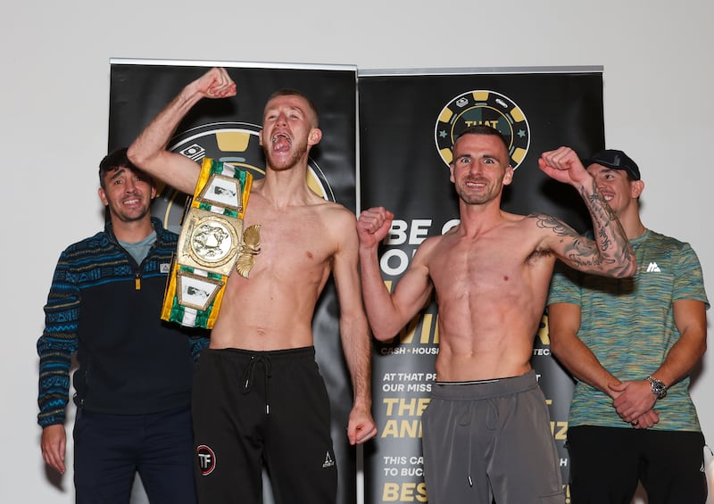 Ruadhan Farrell  and Connor Kerr weigh in for the undercard of  Padraig McCrory’s fight against  Leonard Carrillo on Friday in Belfast.
PICTURE COLM LENAGHAN