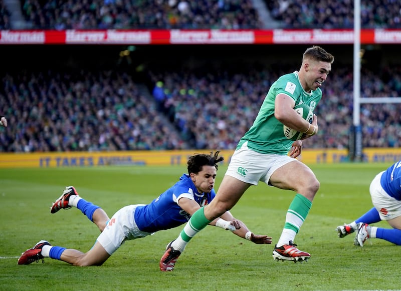 Jack Crowley’s maiden senior try set Ireland on course for a routine win over Italy in round two