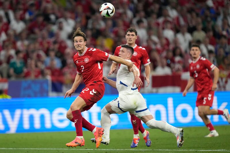 Serbia’s Luka Jovic could not find a way through the Denmark defence (Matthias Schrader/AP)