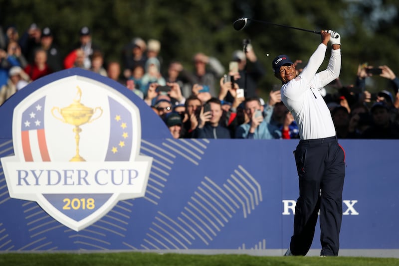 Tiger Woods in action for Team USA at the 2018 Ryder Cup at Le Golf National, Paris