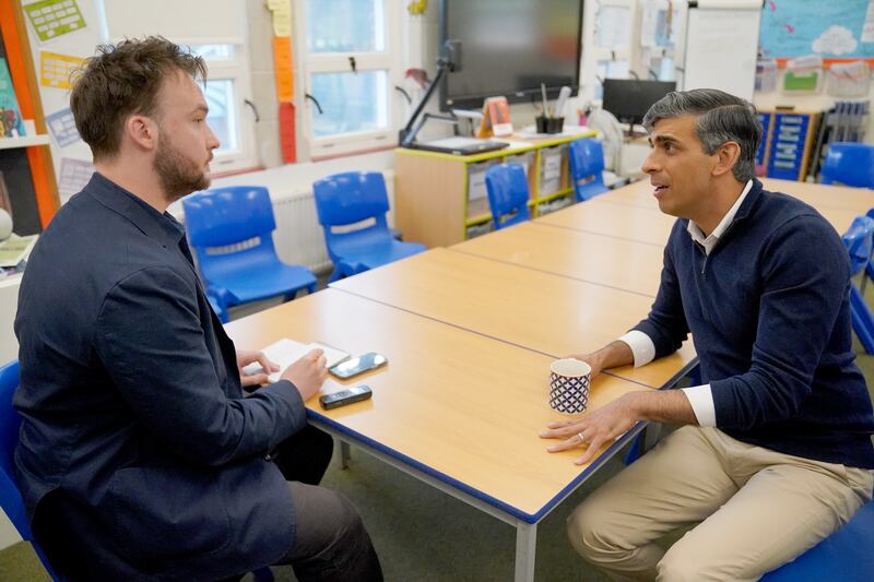 Prime Minister Rishi Sunak talks to PA’s David Lynch during a visit to Braishfield Primary School in Romsey, Hampshire