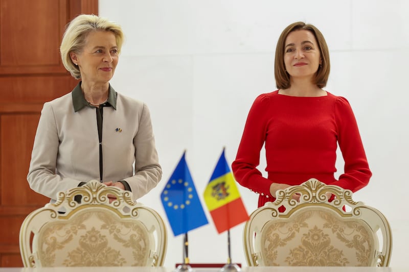 European Commission President Ursula von der Leyen, left, stands next to Moldova’s President Maia Sandu in Chisinau, Moldova, in October 2023 (Aurel Obreja/AP)