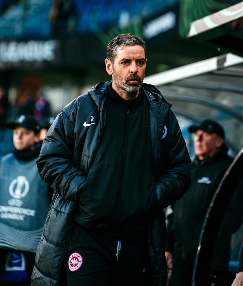 The Larne manager Tiernan Lynch during this evenings game in Norway