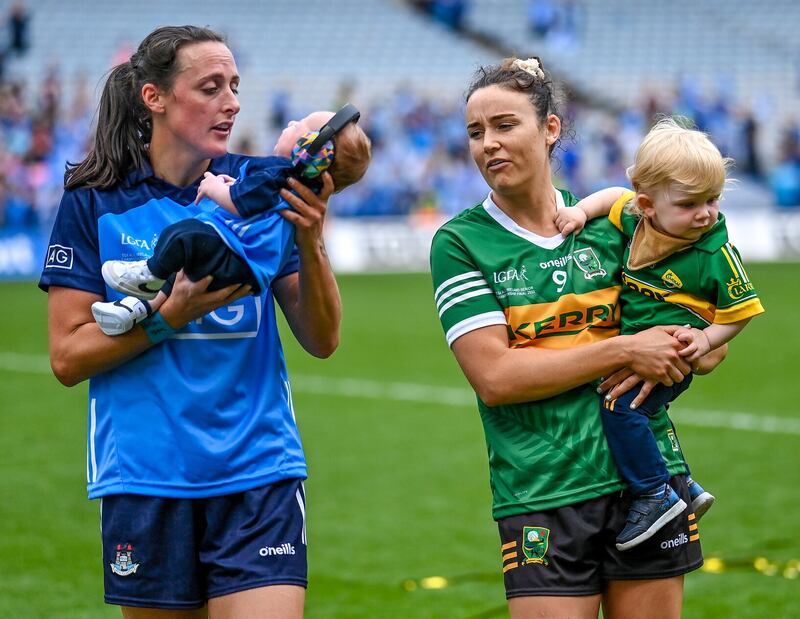 Hannah Tyrrell of Dublin and her daugher Aoife, just seven weeks old, and Kerry player Louise Galvin with her son Florian Walsh, aged 16 months.