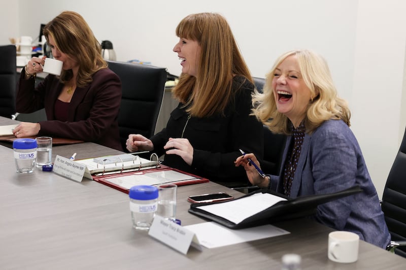 Deputy Prime Minister Angela Rayner (centre) and Mayor of West Yorkshire Tracy Brabin during a round table discussion with regional mayors in Leeds