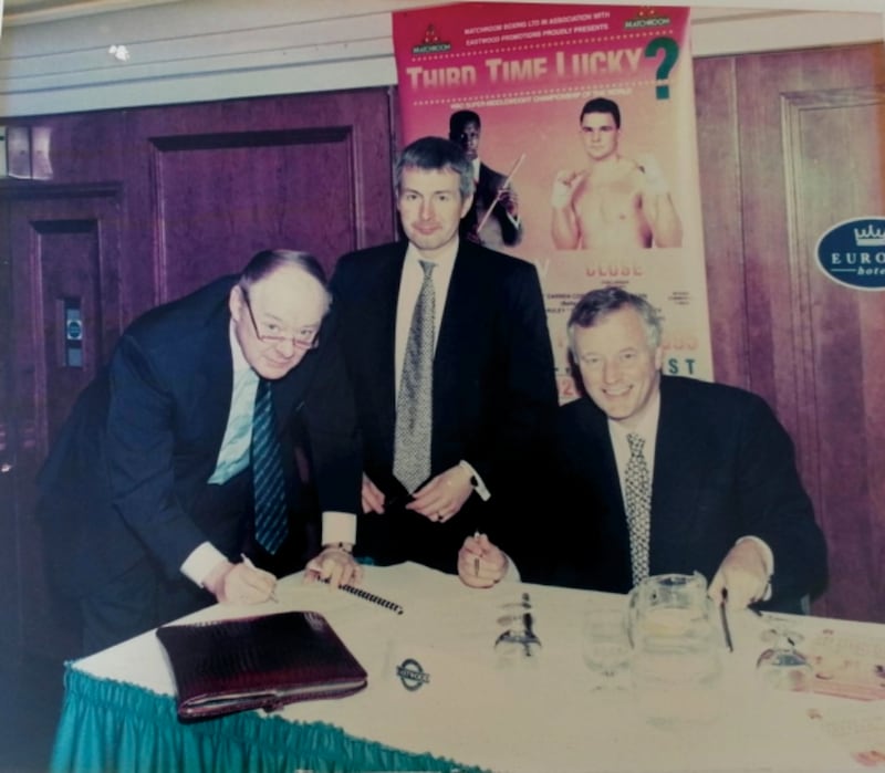 Barney Eastwood, Paul Tweed, Barry Hearn signing the contract for the WBO Super-Middleweight Championship of the World third contest between Chris Eubank and Ray Close in 1995