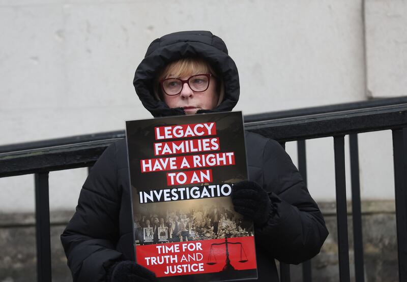 Protests take place  , As Families attended  the judgment hearing on the lawfulness of the legacy act At Belfast High Court on Wednesday. 
Mr Justice Colton declared that parts of the legislation aimed at dealing with the consequences of the conflict in Northern Ireland breach the European Convention on Human Rights.
The Belfast case was brought by Martina Dillon, John McEvoy, Lynda McManus and Brigid Hughes.
PICTURE COLM LENAGHAN