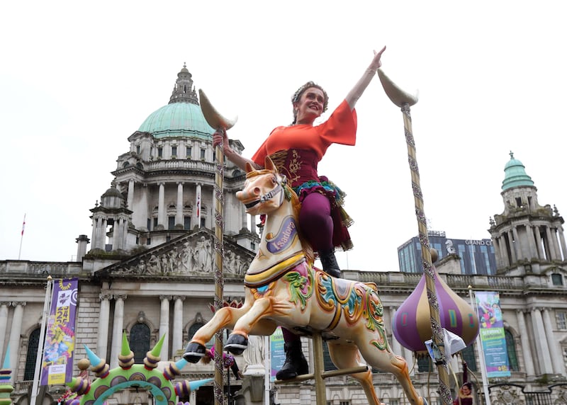 Performers entertain the crowd as  Thousands line the streets for the St Patrick’s day Parade in Belfast on Sunday.
PICTURE COLM LENAGHAN