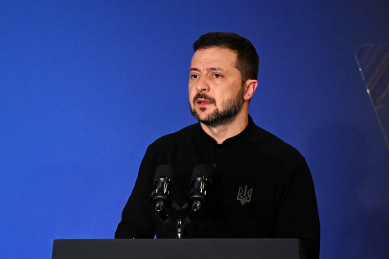 Ukraine’s President Volodymyr Zelensky, speaks during the launching of a Joint Declaration of Support for Ukrainian Recovery and Reconstruction, hosted by US President Joe Biden (Leon Neal/Pool Photo via AP)