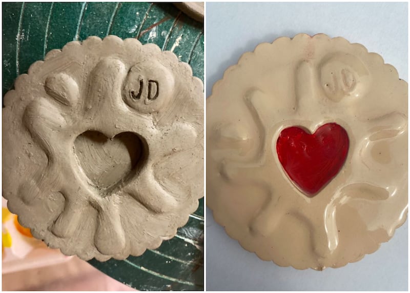 Ms Tomlinson’s Jammie Dodger coaster before and after being painted