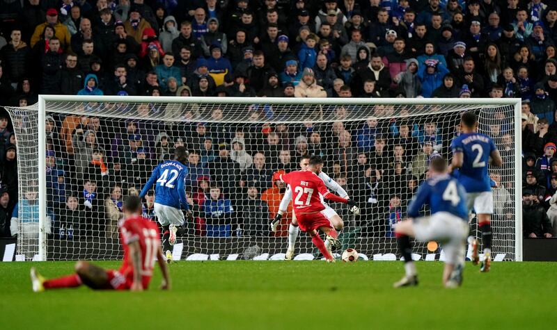 Benfica’s Rafa Silva scores the only goal at Ibrox