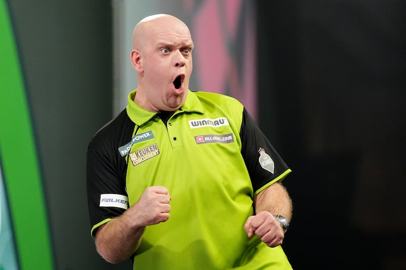 Michael van Gerwen celebrates during their semi-final match against Chris Dobey (not pictured) on day fifteen of the Paddy Power World Darts Championship at Alexandra Palace, London. Picture date: Thursday January 2, 2025. PA Photo. See PA story DARTS World. Photo credit should read: Zac Goodwin/PA Wire.

RESTRICTIONS: Use subject to restrictions. Editorial use only, no commercial use without prior consent from rights holder.