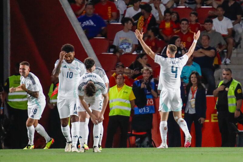 Northern Ireland’s Daniel Ballard celebrates scoring the opening goal (Francisco Ubilla/AP)